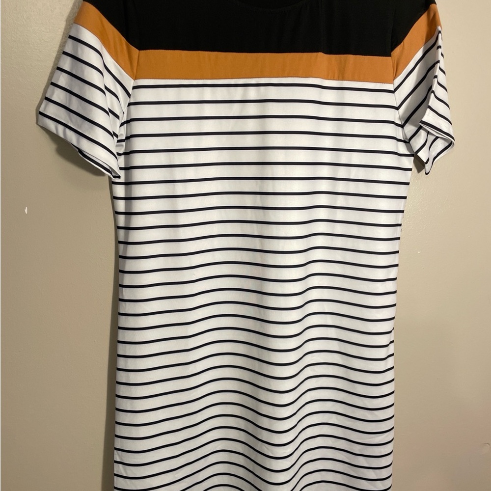 Boutique Striped Midi Dress with Mustard Accent